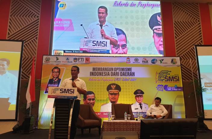 Rapat Kerja Daerah (Rakerda) Serikat Media Siber Indonesia (SMSI) Sulawesi Selatan di Hotel Grand Claro Makassar, Jumat (26/3/2021).