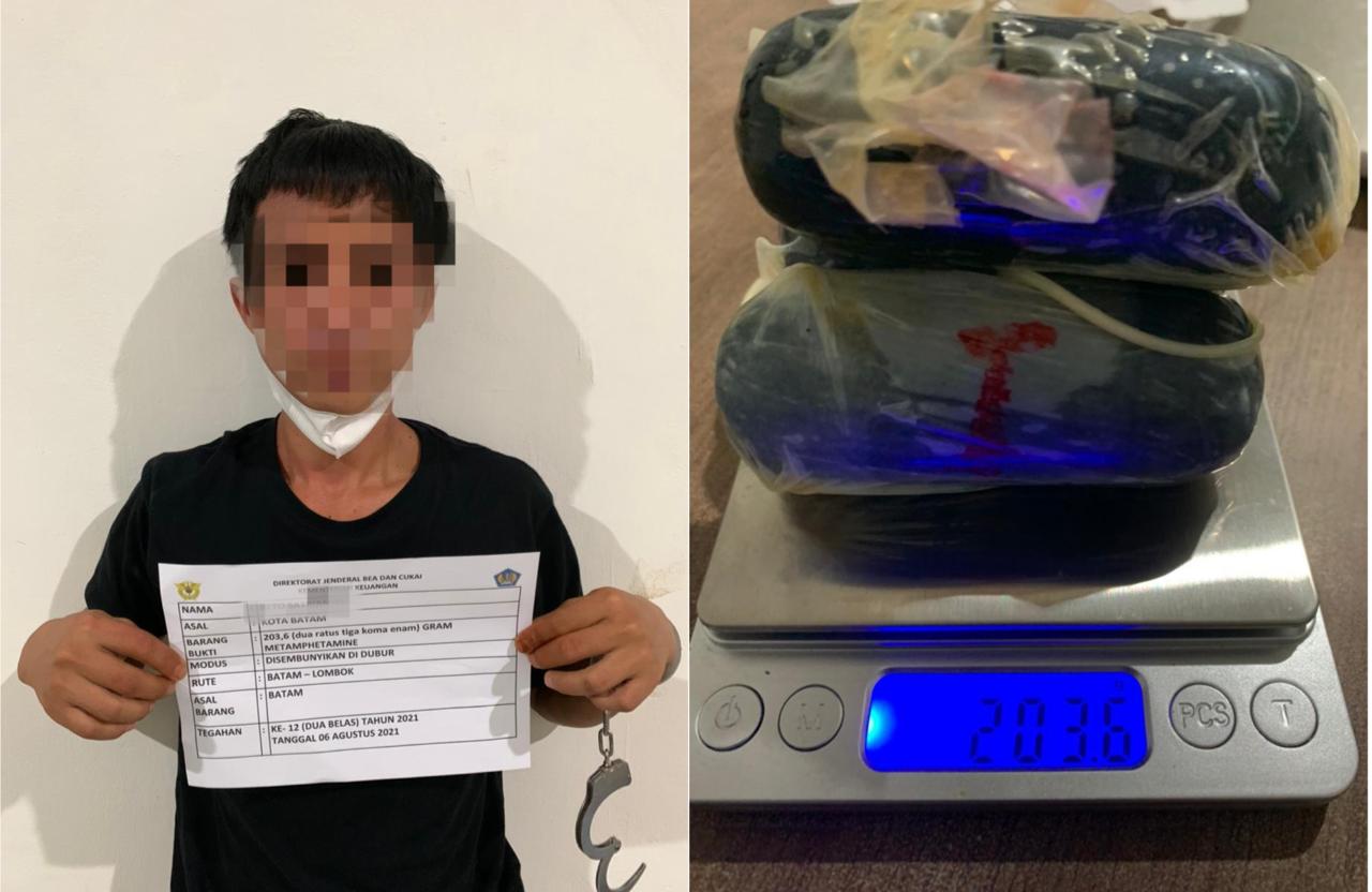 Penumpang pesawat di Bandara Internasional Hang Nadim Batam, Senin (16/8/2021), diamankan karena kedapatan membawa sabu 203,6 gram.