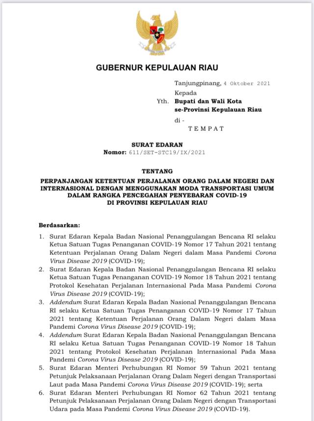 Surat Edaran Gubernur Kepri