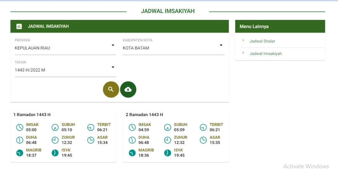 Tangkapan layar jadwal berbuka puasa dan imsakiyah untuk Kota Batam
