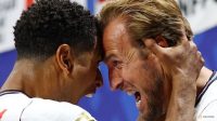 Harry Kane merayakan gol kemenangan Inggris atas Republik Demokratik Kongo.