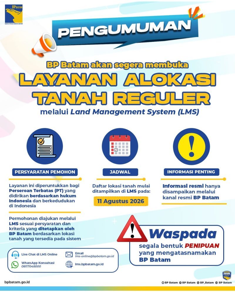 Tampilan sistem Land Management System (LMS) BP Batam untuk layanan alokasi tanah reguler berbasis digital.