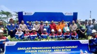 Simulasi penanganan kebocoran gas dan kebakaran di Stasiun PLTMG Panaran, Batam.