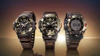 Tiga jam G-Shock Master of G Horizon Gold Gravitymaster, Mudmaster, dan Mudman dengan aksen emas dan tali cokelat.