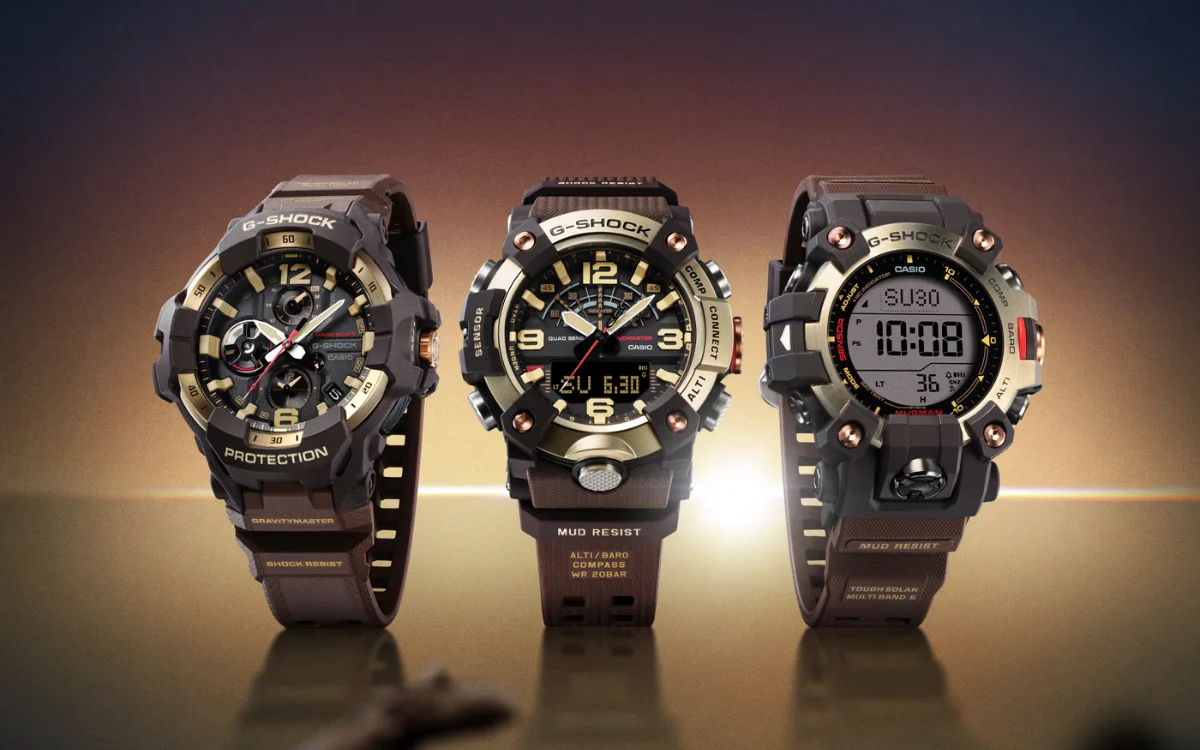 Tiga jam G-Shock Master of G Horizon Gold Gravitymaster, Mudmaster, dan Mudman dengan aksen emas dan tali cokelat.